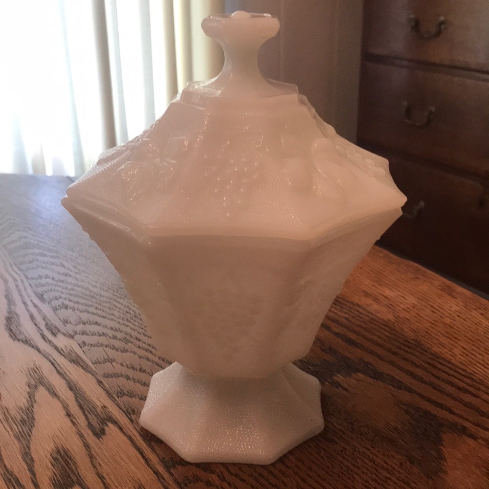Milk Glass Stippled and Grape Octagonal Candy Dish